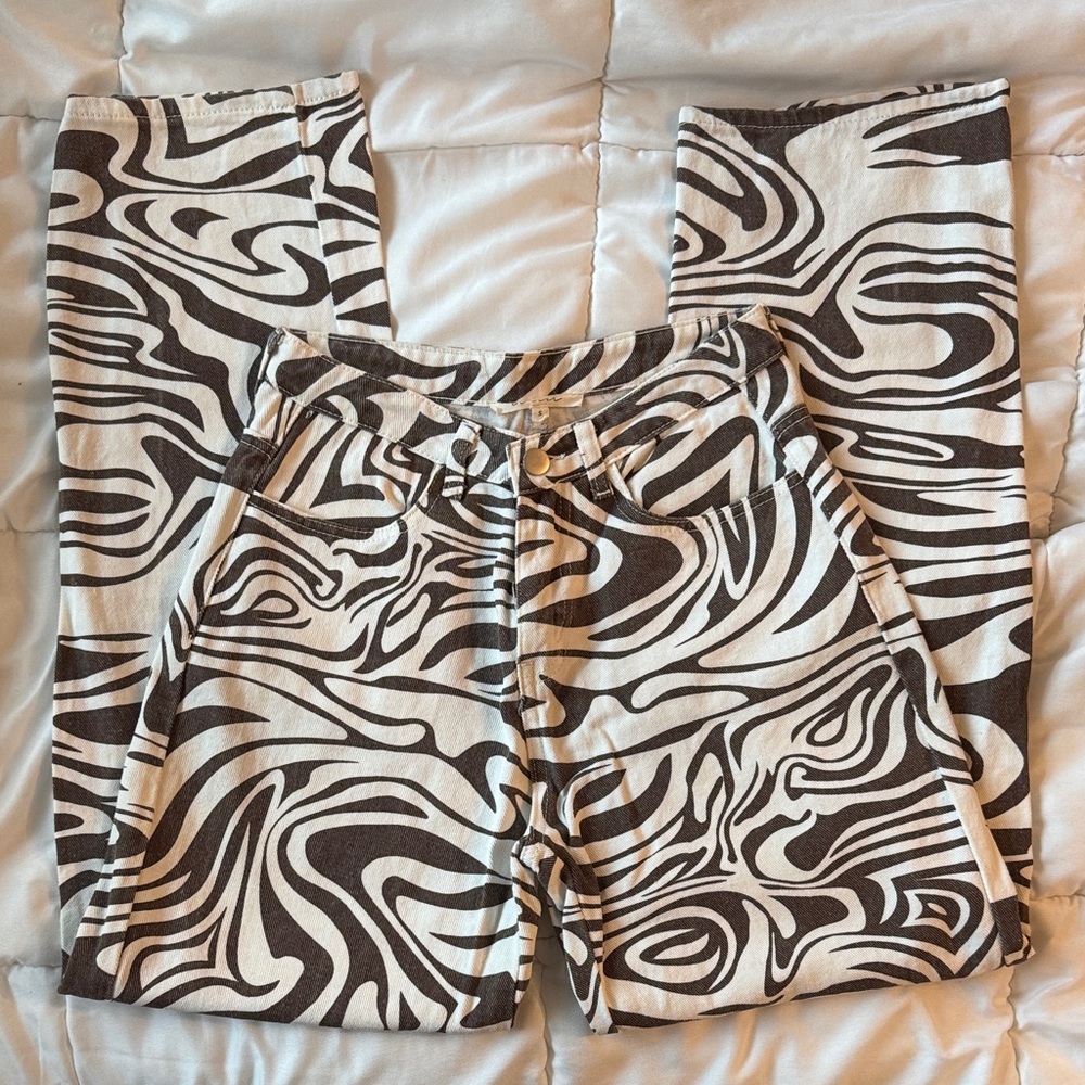 Brown and White Groovy Print Zebra Print Jeans